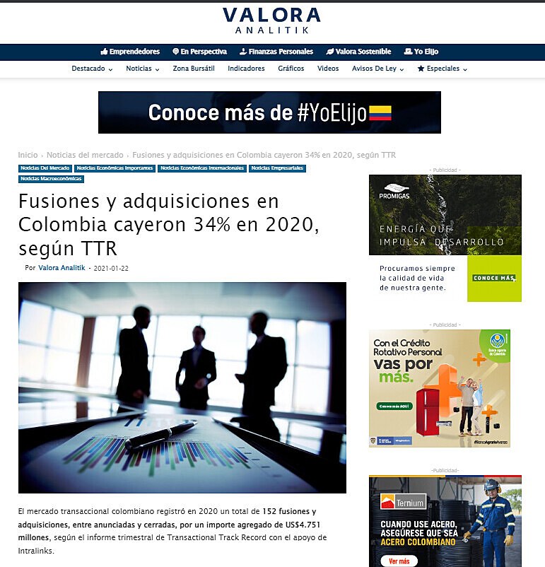 Fusiones y adquisiciones en Colombia cayeron 34% en 2020, segn TTR